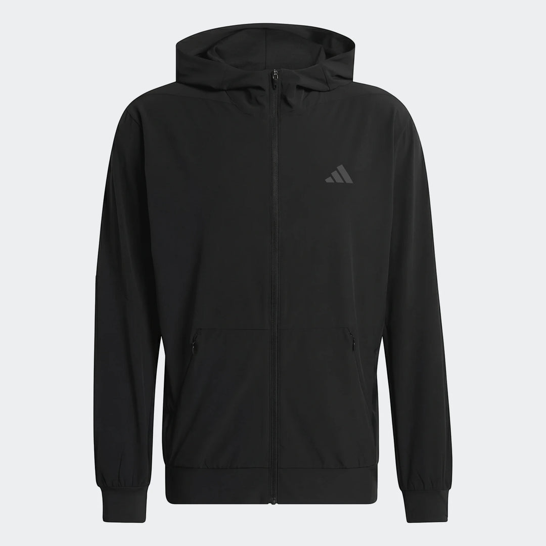 Black Adidas D4T Hybrid Full-Zip Hoodie, a versatile performance jacket with a hood and zippered pockets, front view.