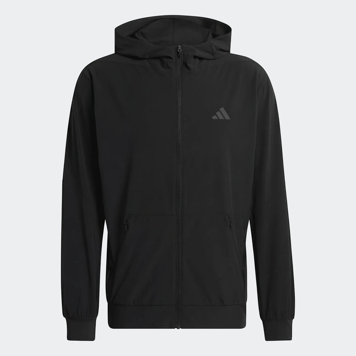 Black Adidas D4T Hybrid Full-Zip Hoodie, a versatile performance jacket with a hood and zippered pockets, front view.