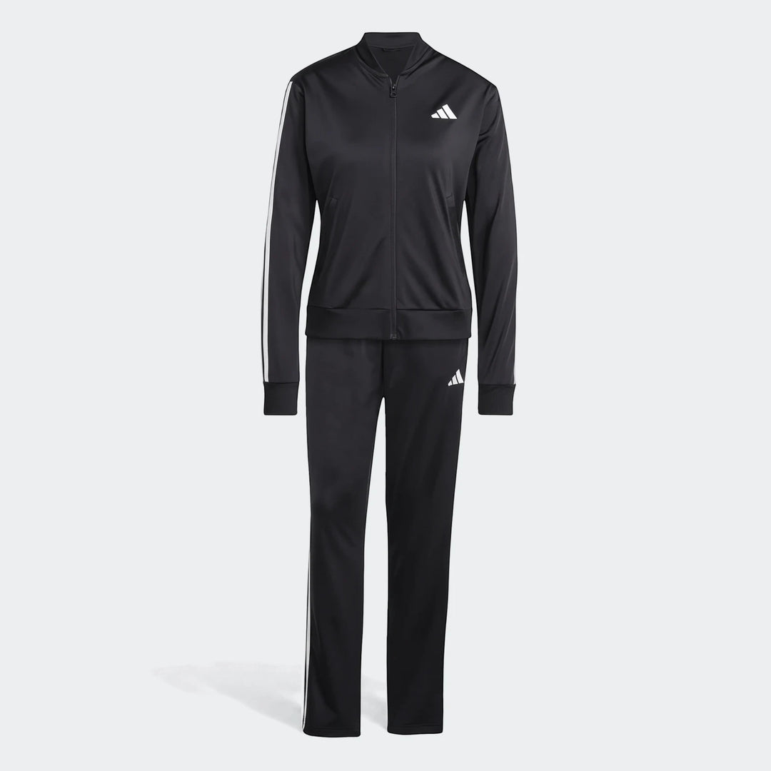 Black Adidas Dayready tracksuit for women, featuring a full-zip jacket with white stripes on sleeves and matching pants.