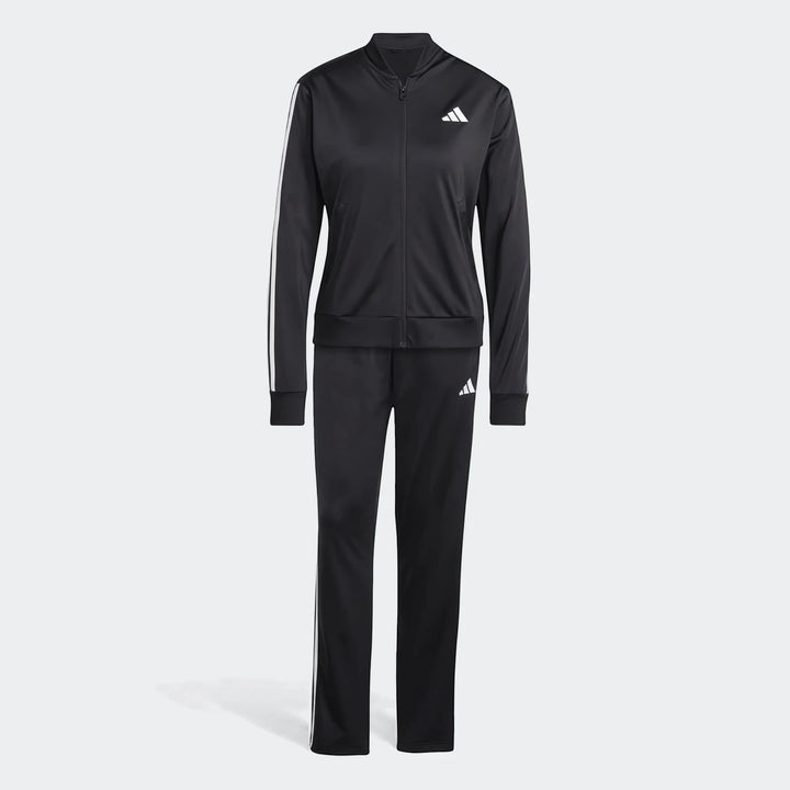 Black Adidas Dayready tracksuit for women, featuring a full-zip jacket with white stripes on sleeves and matching pants.