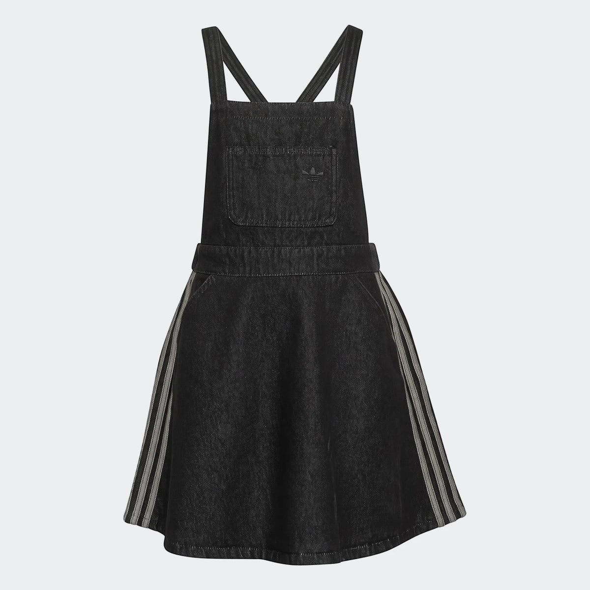 Black denim dungarees dress with white side stripes and an Adidas logo, displayed in a front view.