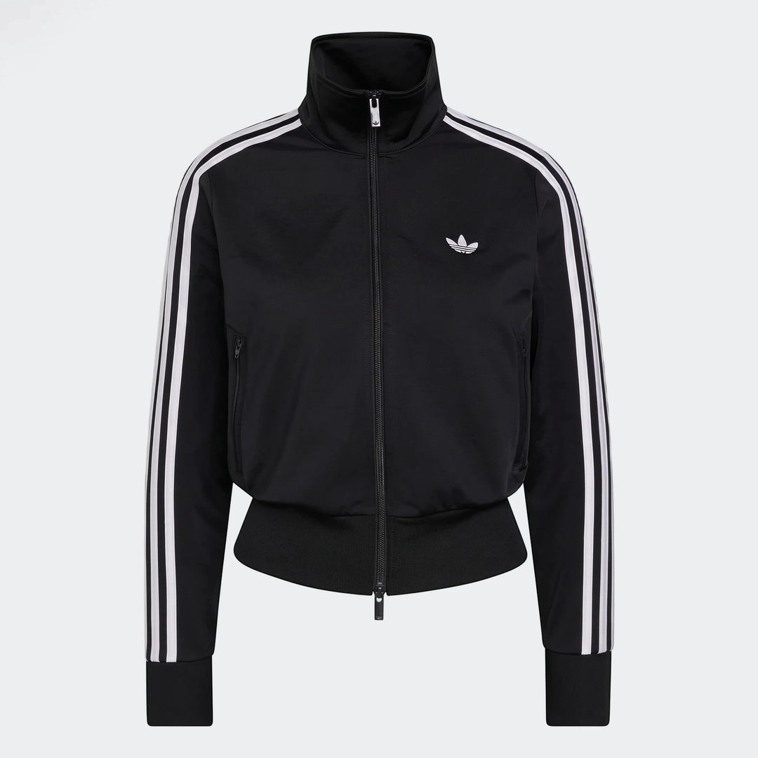 Black Adidas Firebird Classic Track Jacket with white three-stripes on sleeves and full zip closure, presented on a white