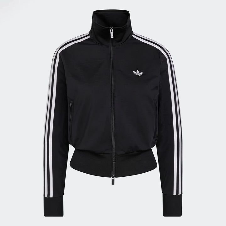 Black Adidas Firebird Classic Track Jacket with white three-stripes on sleeves and full zip closure, presented on a white