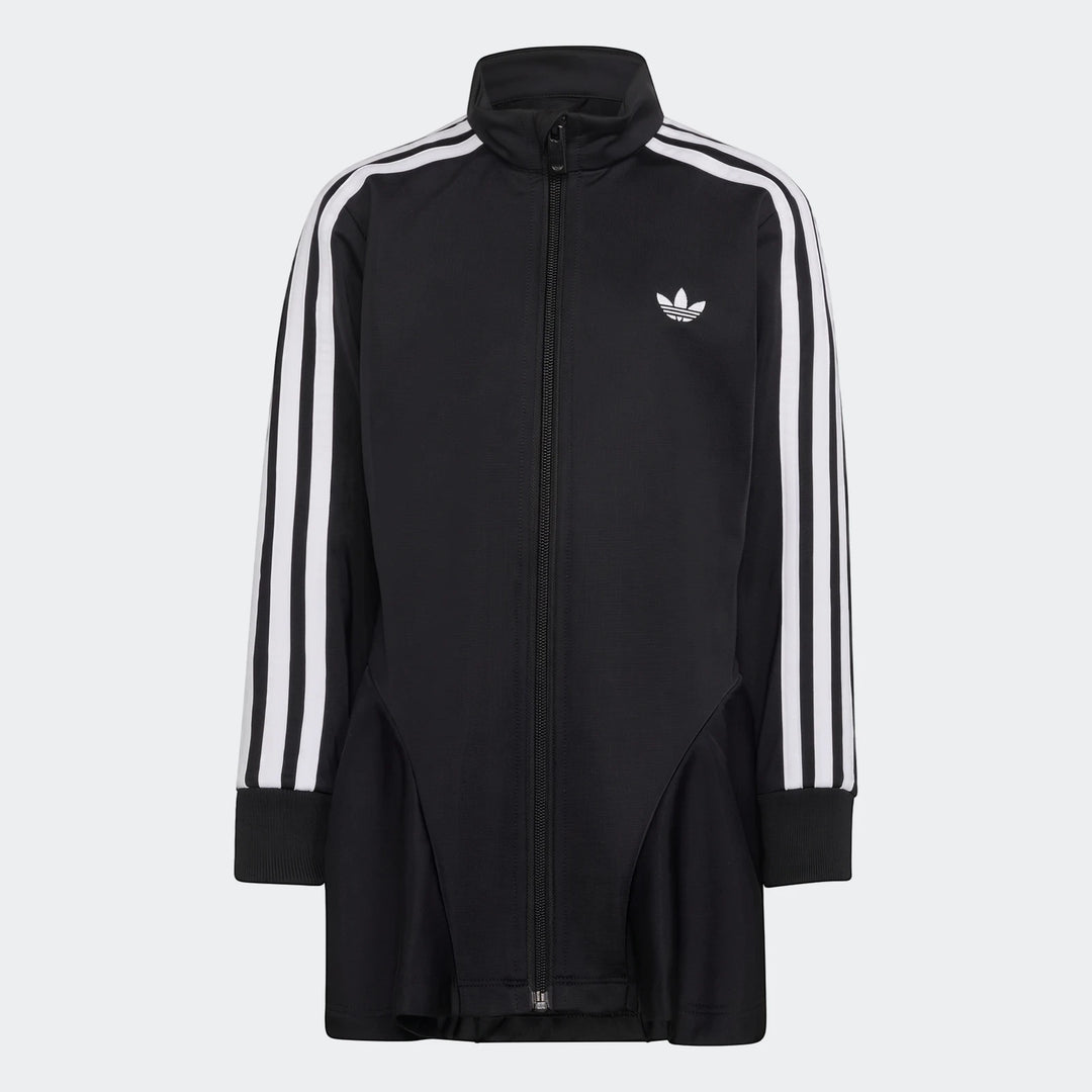 Black Adidas Firebird Longsleeve Dress for children, featuring white three-stripes on sleeves and an Adidas Trefoil logo.