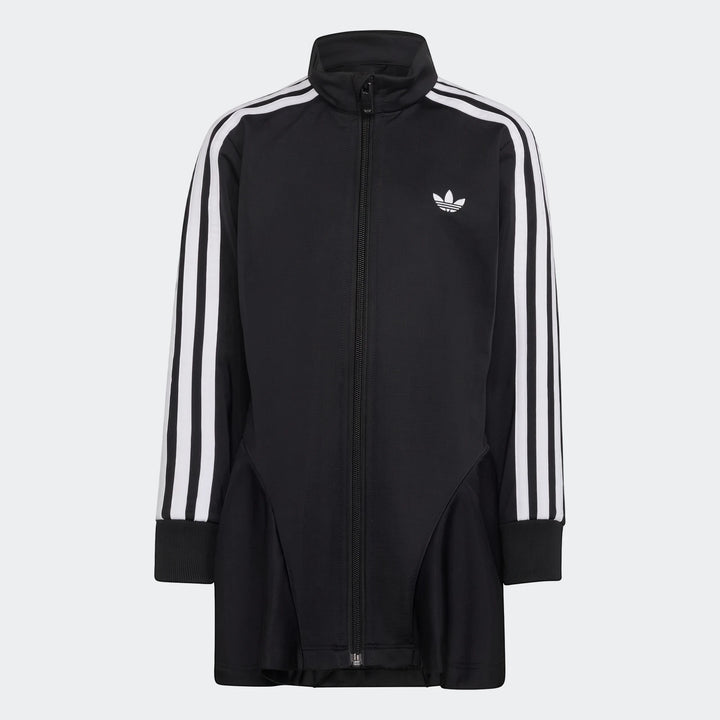 Black Adidas Firebird Longsleeve Dress for children, featuring white three-stripes on sleeves and an Adidas Trefoil logo.