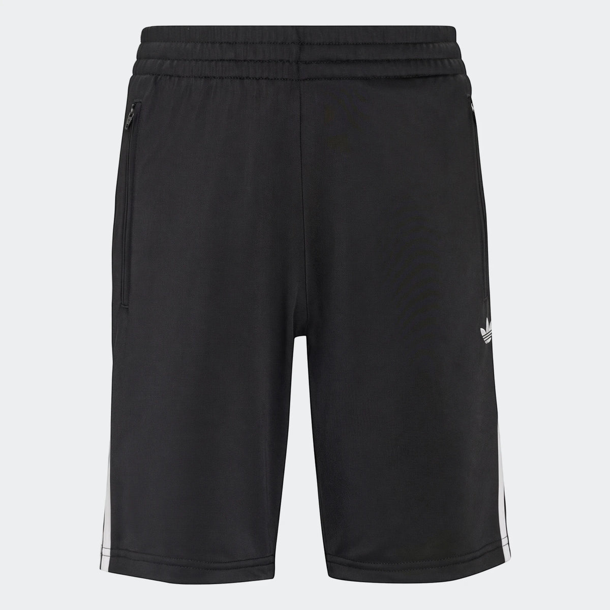 Black Adidas Firebird shorts with iconic white side stripes, a zippered pocket on the left, and the white Trefoil logo on