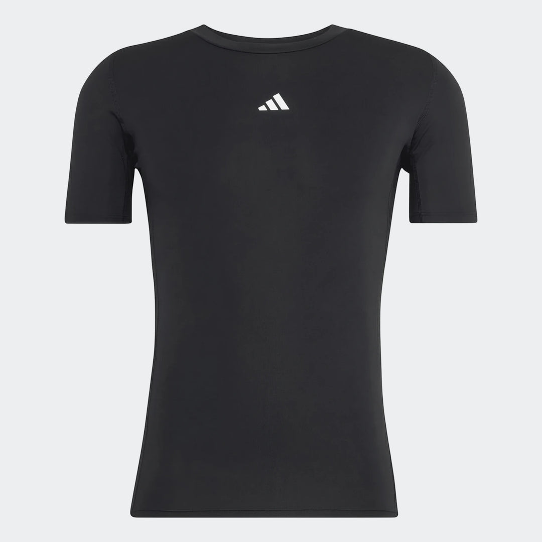 Black Adidas Football T-Shirt with short sleeves and compression fit, displayed front-facing on a solid background.