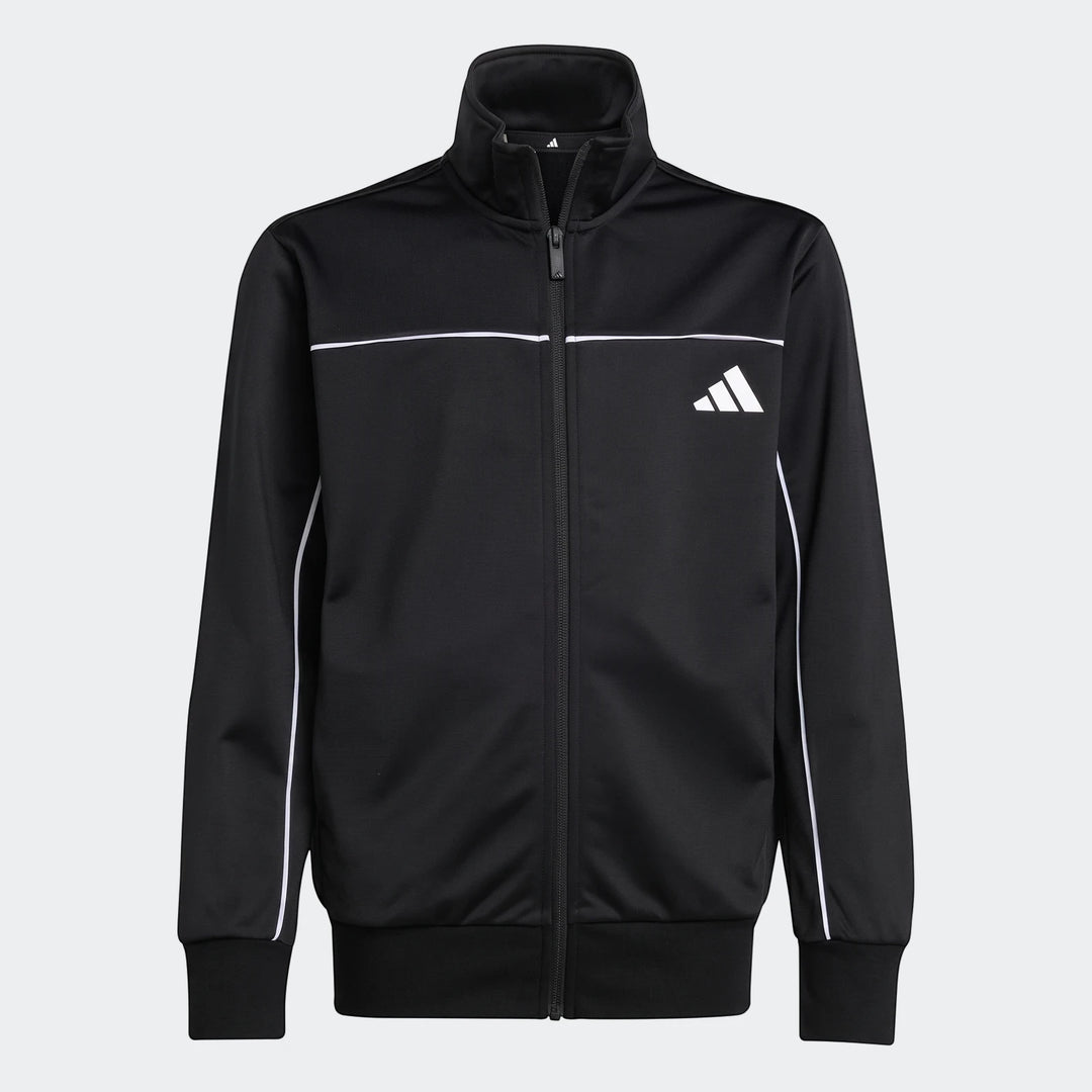 Black Adidas Kids Tricot Colour Pop Track Suit, full-zip with white stripes, shown front view on a white background.