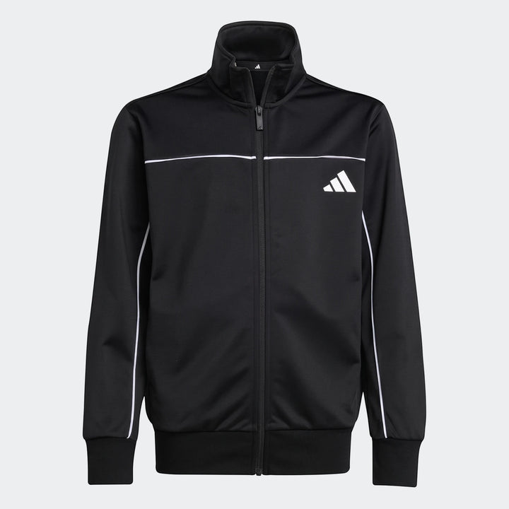 Black Adidas Kids Tricot Colour Pop Track Suit, full-zip with white stripes, shown front view on a white background.