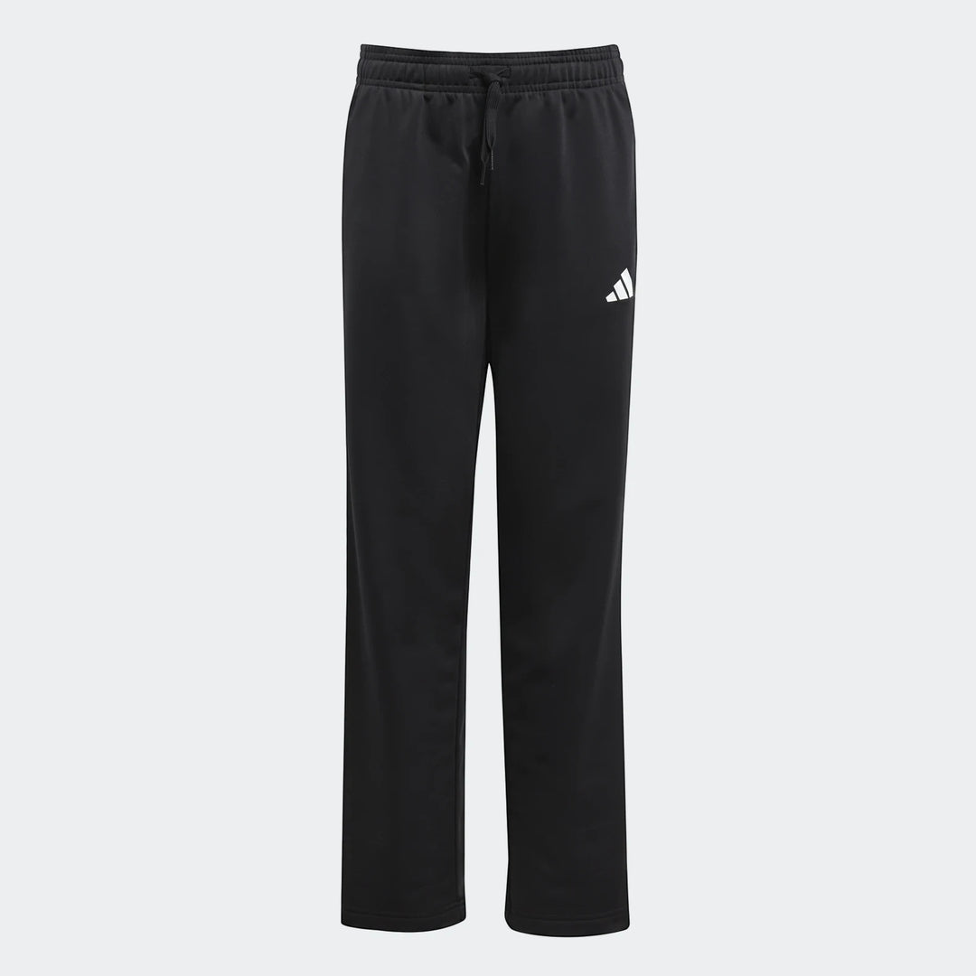 Black Adidas kids tricot track pants, featuring an elastic drawstring waist and a white logo, displayed on a white