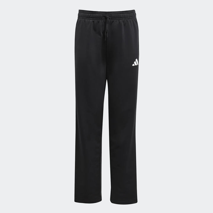 Black Adidas kids tricot track pants, featuring an elastic drawstring waist and a white logo, displayed on a white
