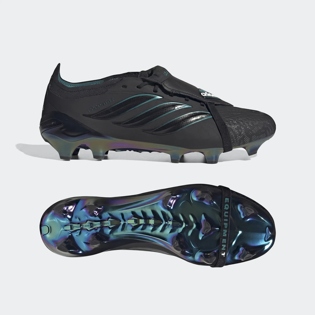 Black Adidas Predator Elite FT FG EQT Football Boots with iridescent soles, shown from side and sole views.