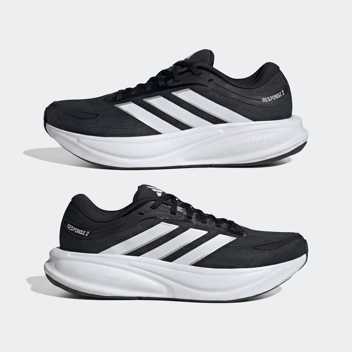 Black Adidas Response 2 running shoes with white stripes and Cloudfoam+ soles, displayed side-by-side on a plain background.