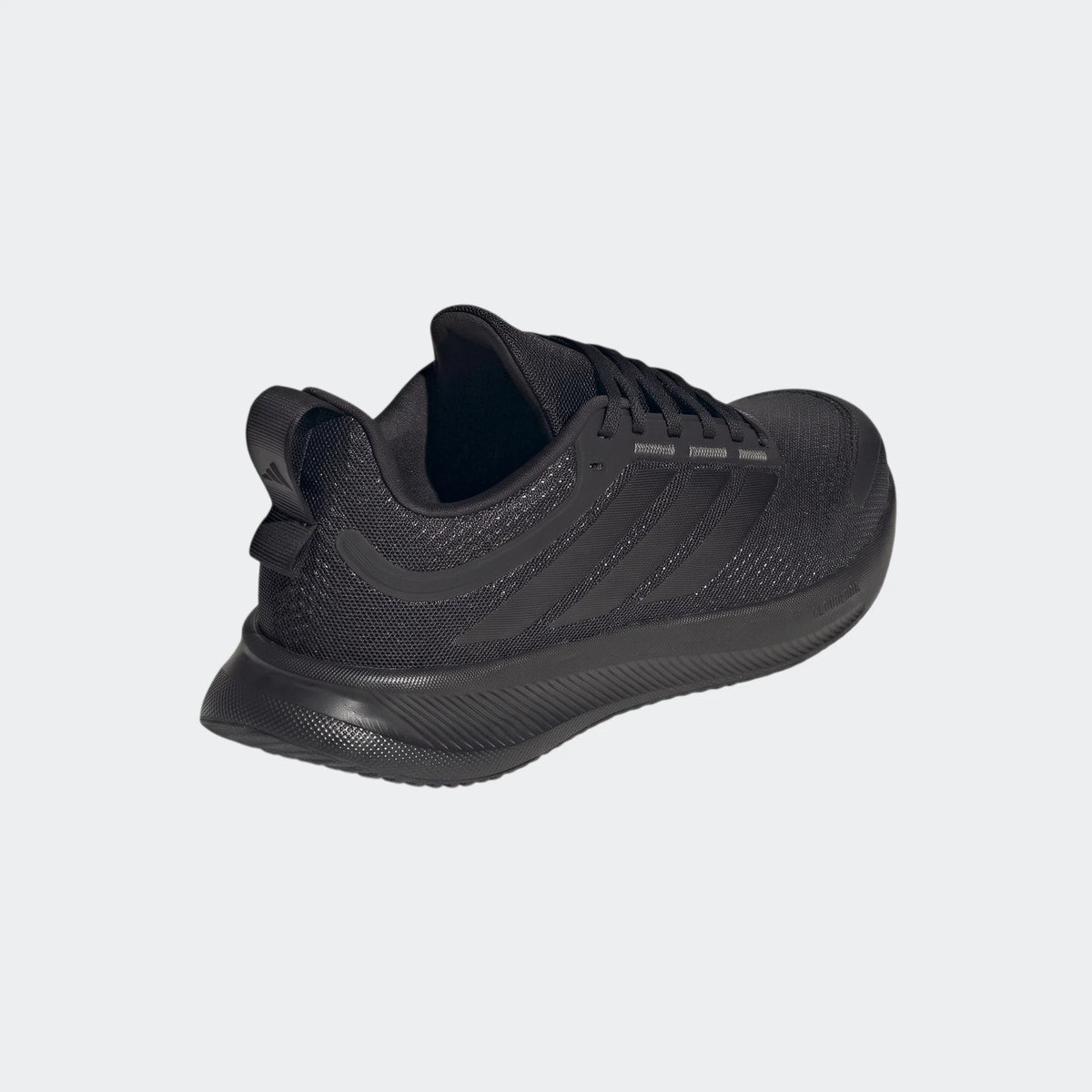 Black Adidas Runblaze W running shoe with a breathable mesh upper and textured black sole, shown from a dynamic angled side