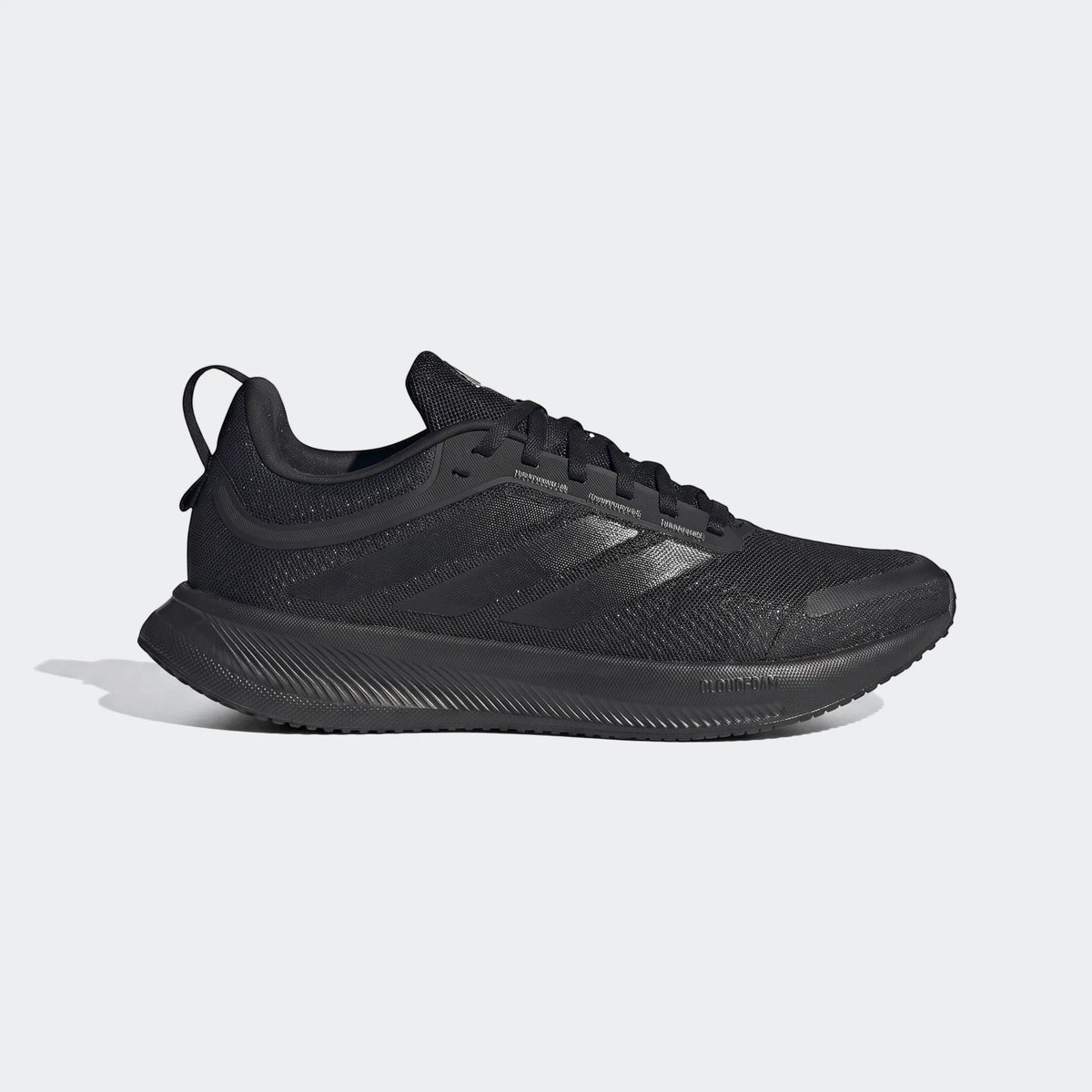 Black Adidas Runblaze W running shoe with a breathable mesh upper and textured sole, viewed from the side.