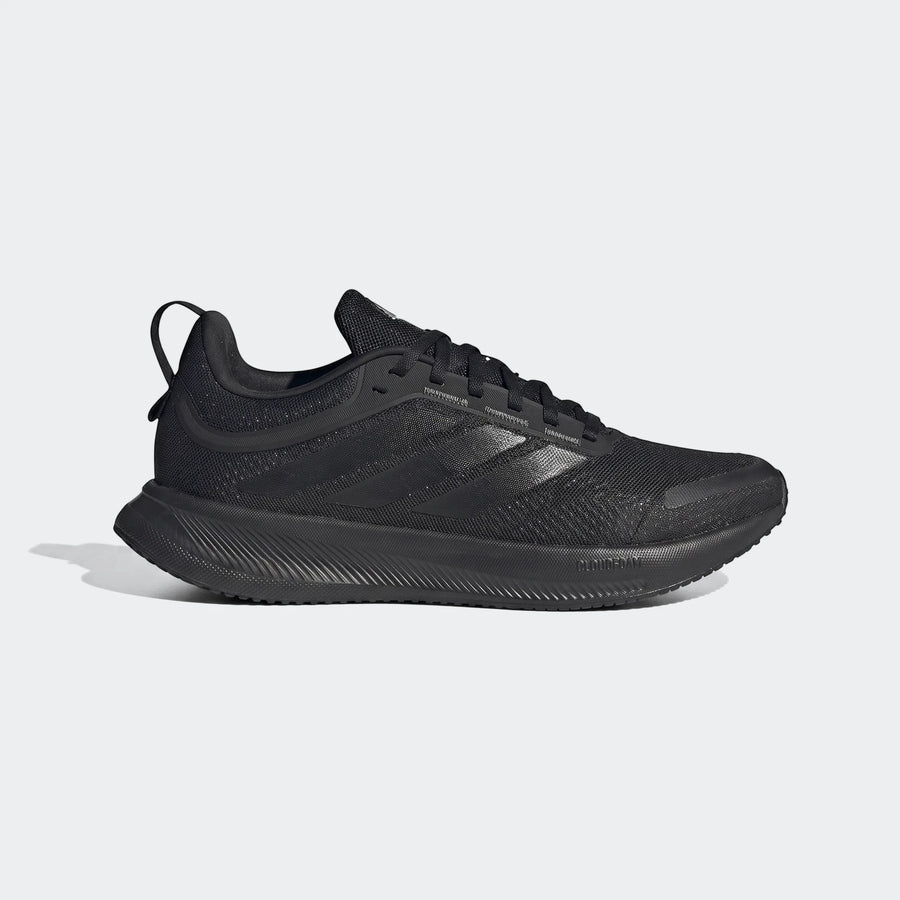 Black Adidas Runblaze W running shoe with a breathable mesh upper and textured sole, viewed from the side.