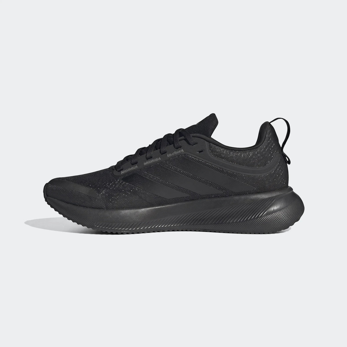 Black Adidas Runblaze W women's running shoe, featuring a breathable mesh upper and a textured sole, viewed from the side