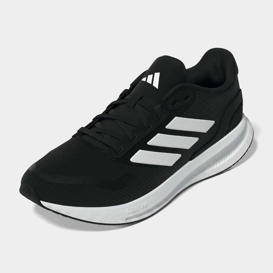 Black Adidas Runfalcon 5 athletic running shoe with white stripes and Cloudfoam sole, viewed from a side angle.