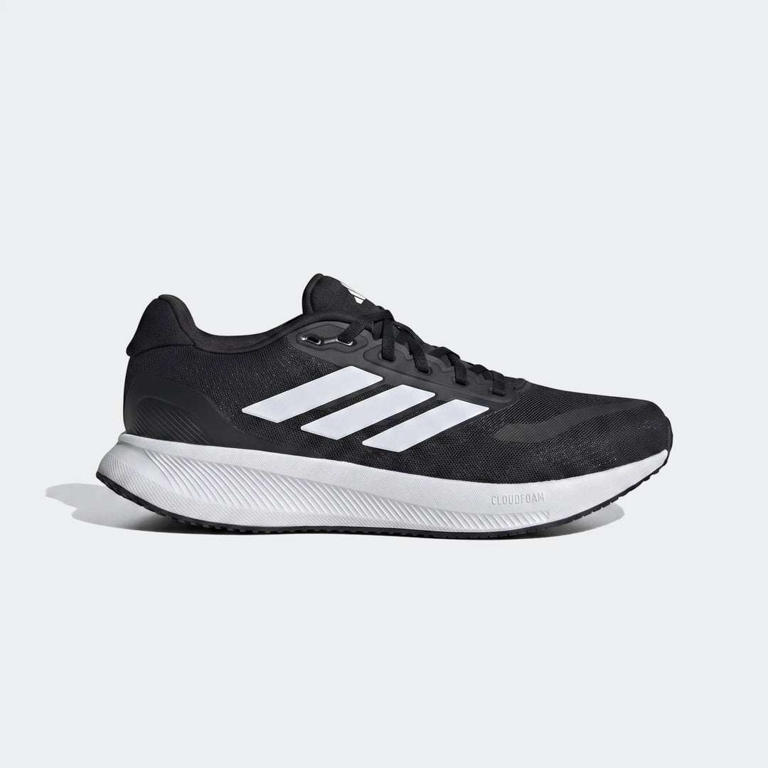 Black Adidas running shoe with white three stripes, shown from the side, featuring a white Cloudfoam midsole.