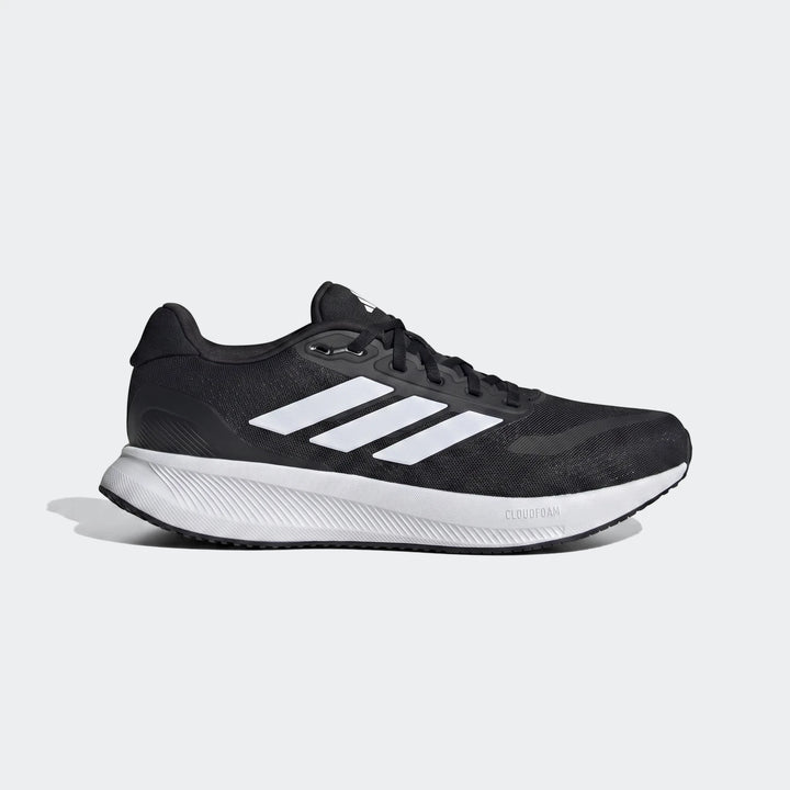 Black Adidas running shoe with white three stripes, shown from the side, featuring a white Cloudfoam midsole.