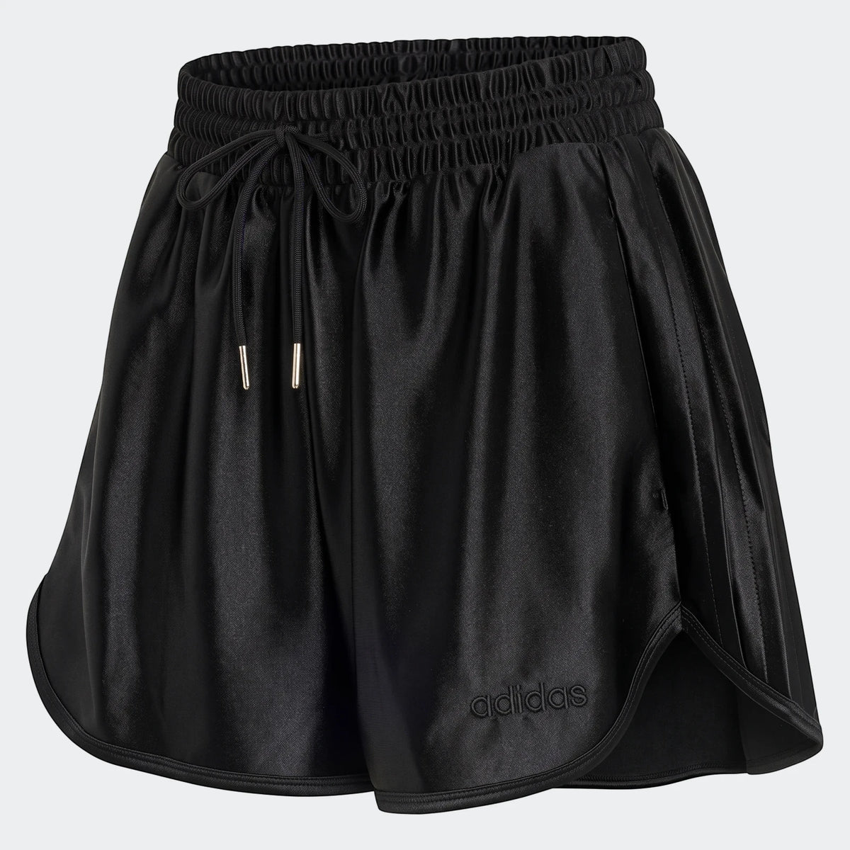 Black Adidas Seasonal Essentials satin shorts with a drawstring elastic waist and curved hem, presented on a white