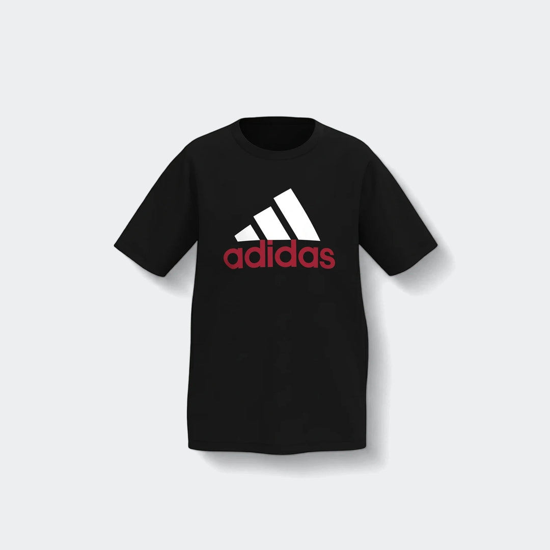 Black Adidas short sleeve t-shirt with white and red logo, displayed flat on a white background.