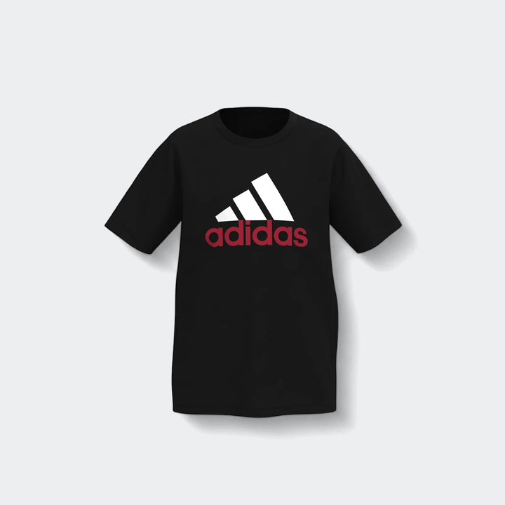 Black Adidas short sleeve t-shirt with white and red logo, displayed flat on a white background.