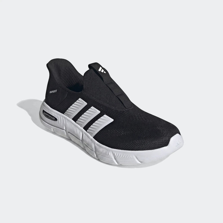 Black Adidas slip-on sneaker with white three-stripes branding, 'Cloudfoam Flex' sole, and 'Rapidfit' detail.