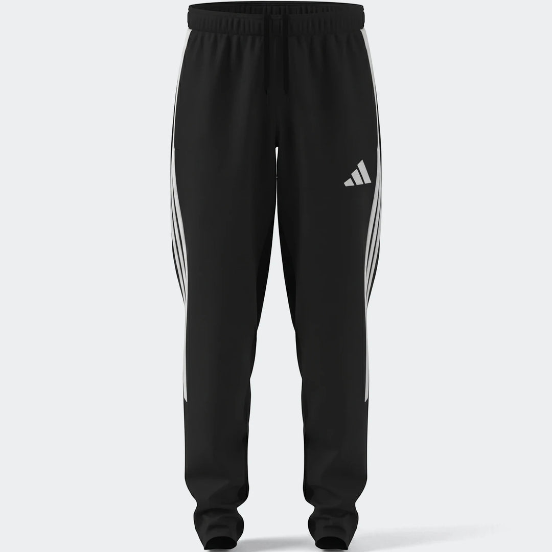 Black Adidas Tiro 26 League Presentation Pants with white stripes and logo, front view.