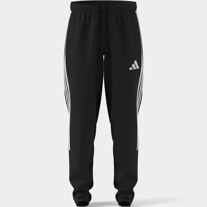 Black Adidas Tiro 26 League Presentation Pants with white stripes and logo, front view.