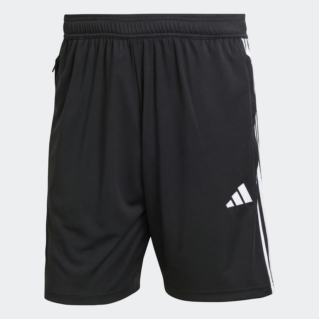Black Adidas Tiro Essentials Shorts, front view, featuring a classic design with white stripes and the brand logo.
