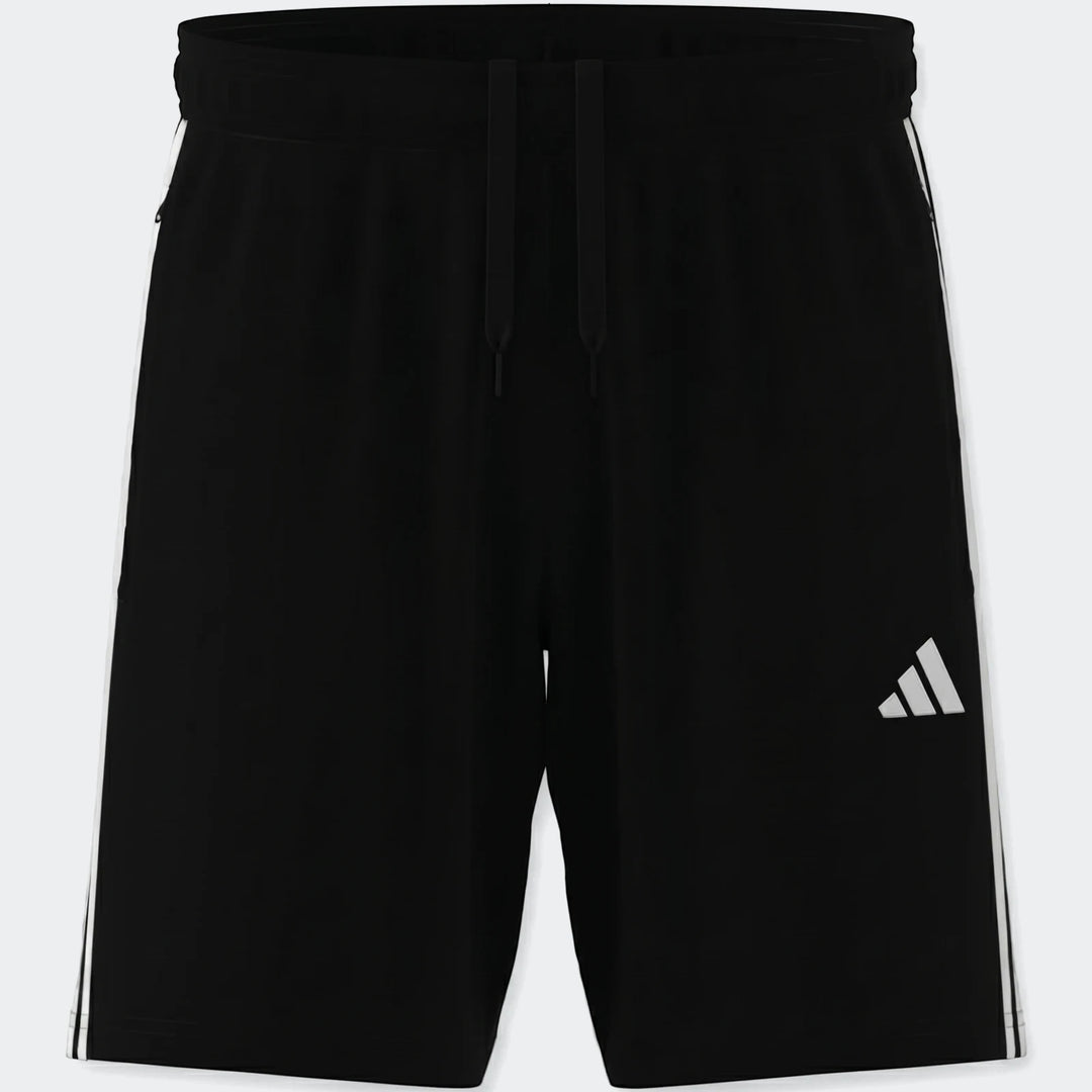 Black Adidas Tiro Essentials shorts with white three-stripes detail and logo, shown on a neutral background.