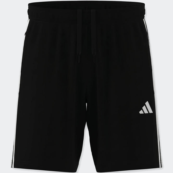 Black Adidas Tiro Essentials shorts with white three-stripes detail and logo, shown on a neutral background.