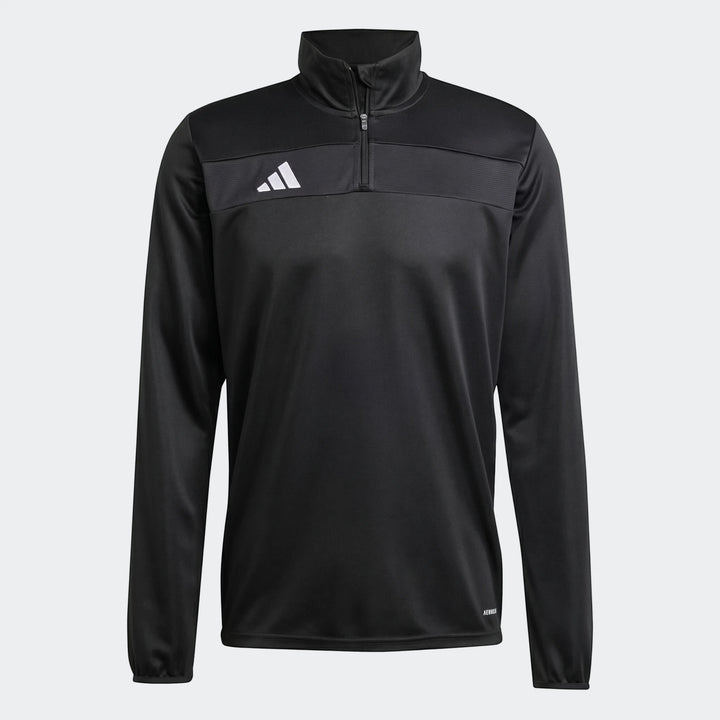 Black Adidas Tiro Essentials Track Top for men, featuring a quarter-zip design, long sleeves, and the iconic Adidas logo.