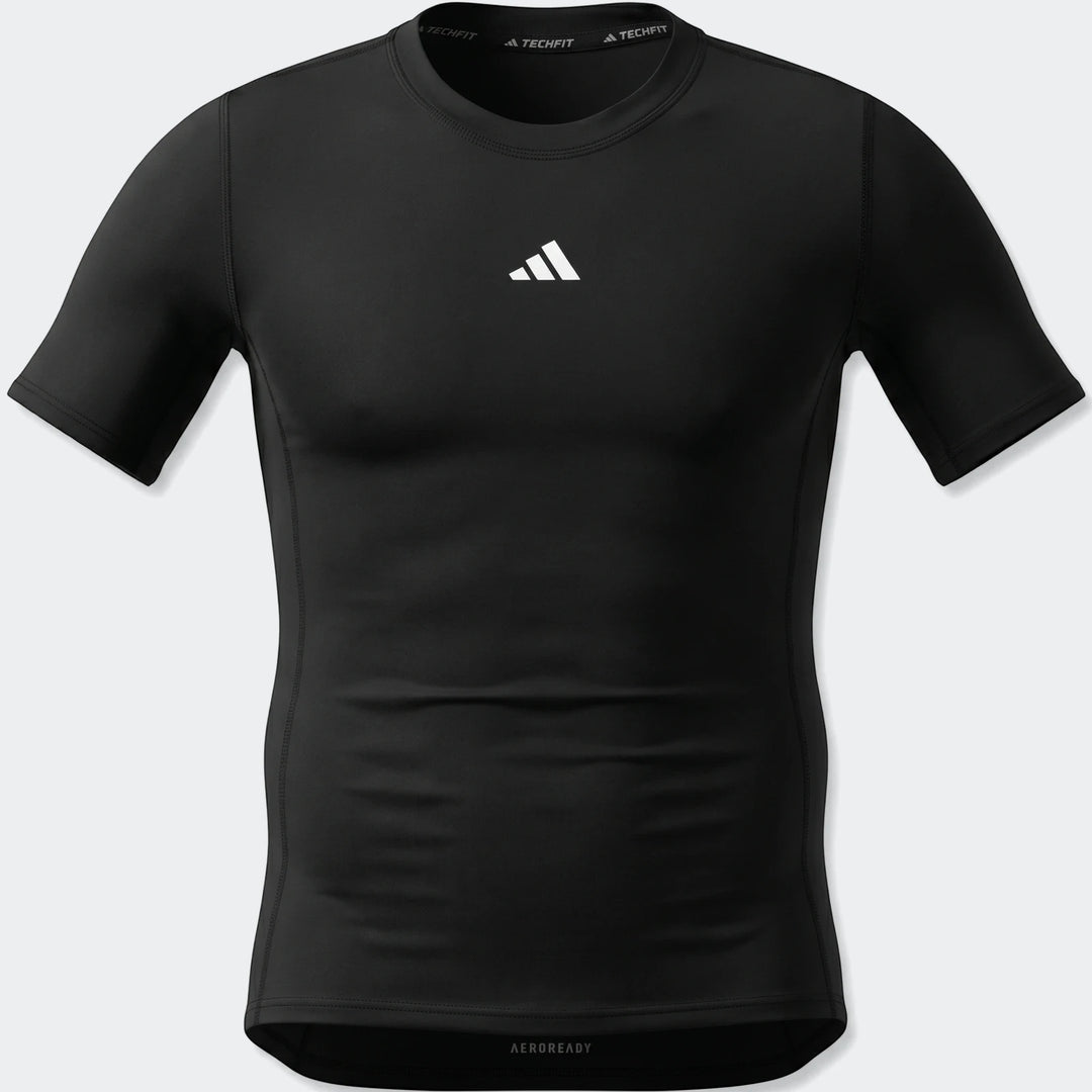 Black Adidas Z.N.E. short sleeve compression training top, featuring Techfit branding and the classic logo.