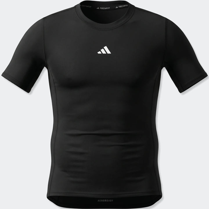 Black Adidas Z.N.E. short sleeve compression training top, featuring Techfit branding and the classic logo.