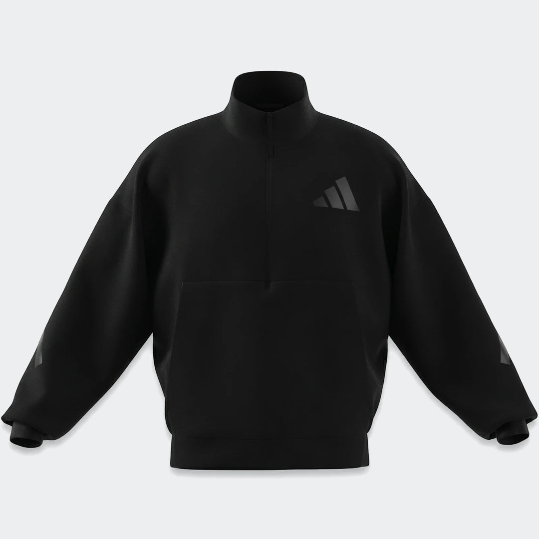Black Adidas Z.N.E. Track Top, front view, with a high collar and the iconic three-bar logo on the chest.