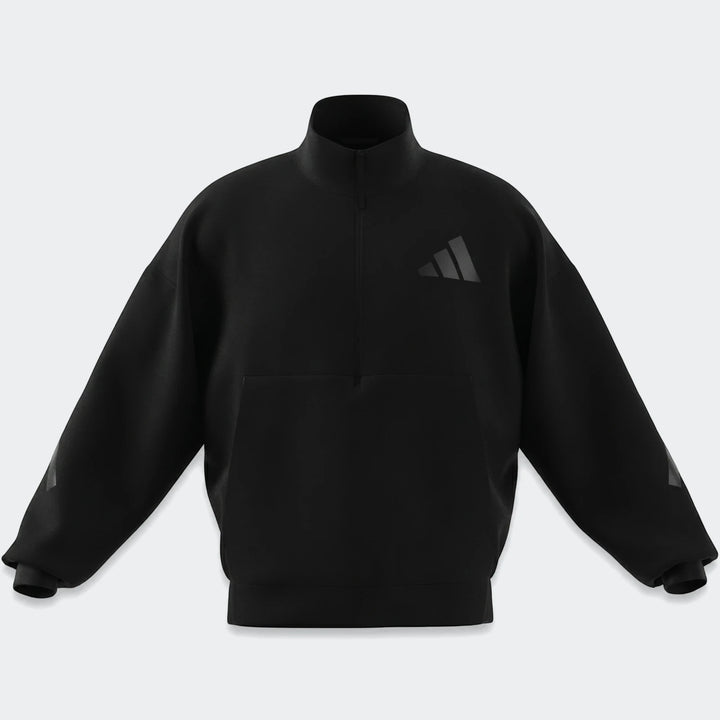 Black Adidas Z.N.E. Track Top, front view, with a high collar and the iconic three-bar logo on the chest.