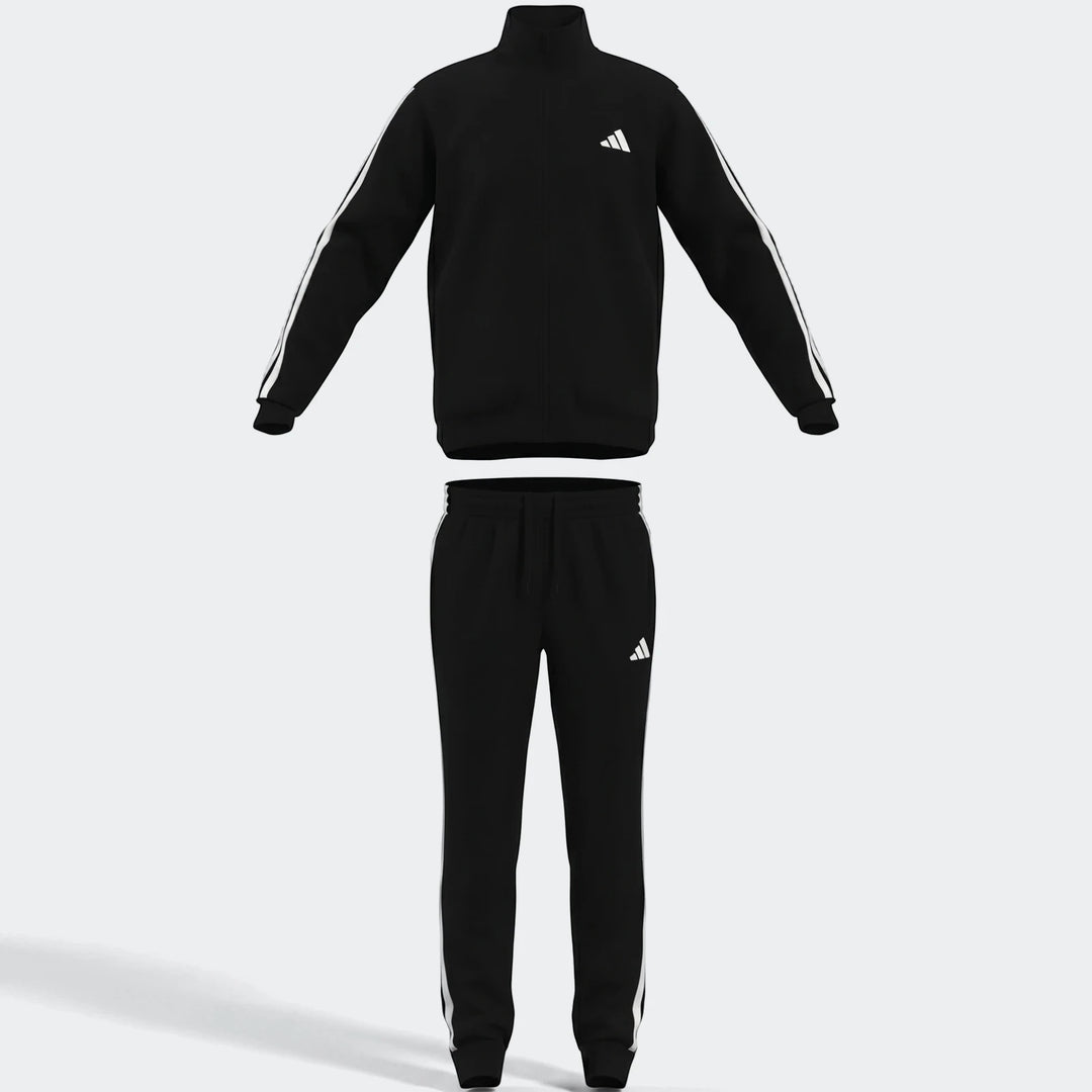 Black Dayready tracksuit with white stripes on sleeves and legs, featuring white logos on the chest and thigh, presented in