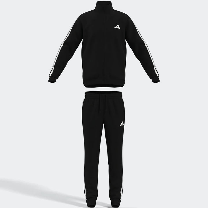Black Dayready tracksuit with white stripes on sleeves and legs, featuring white logos on the chest and thigh, presented in