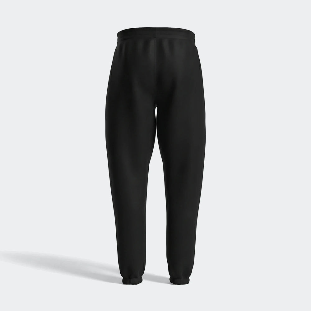 Black Future Icons 3-Bar Pants for men, shown from a rear view, featuring a comfortable relaxed fit and ribbed cuffs, ideal