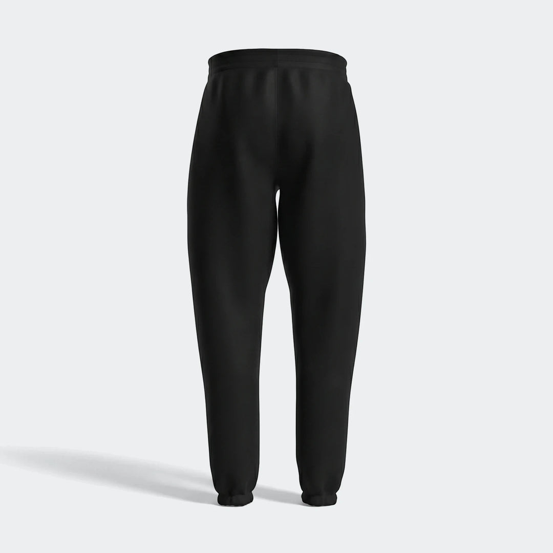 Black Future Icons 3-Bar Pants for men, shown from a rear view, featuring a comfortable relaxed fit and ribbed cuffs, ideal
