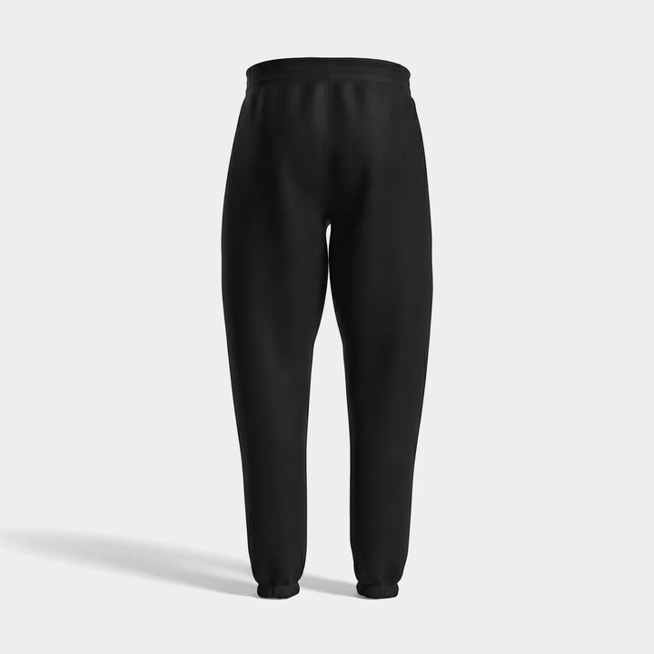 Black Future Icons 3-Bar Pants for men, shown from a rear view, featuring a comfortable relaxed fit and ribbed cuffs, ideal