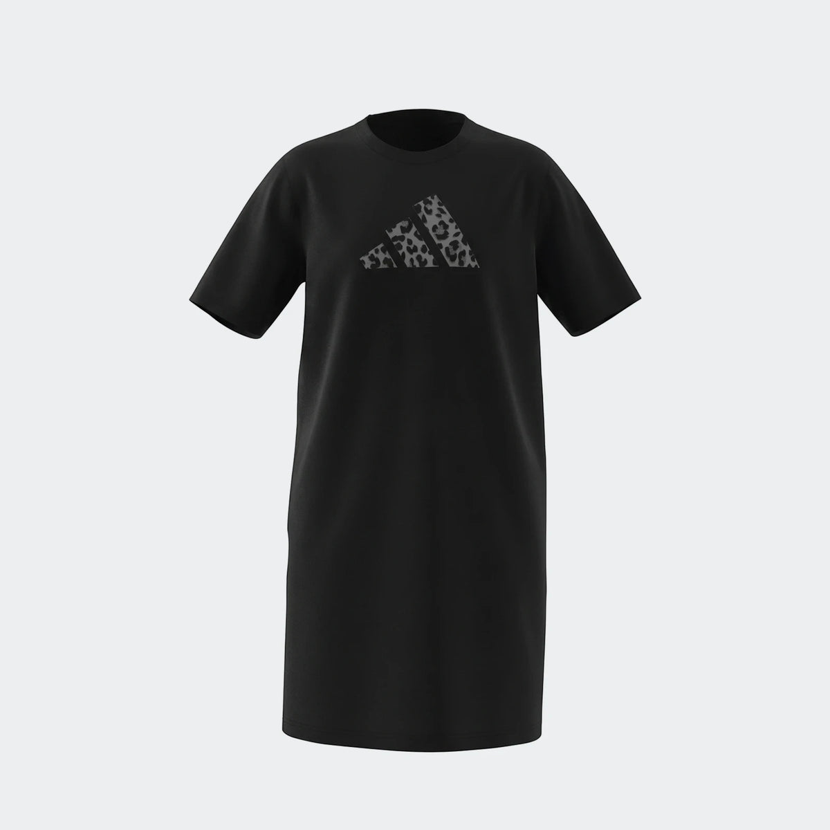 Black Jg Animal t-shirt dress with short sleeves and a gray leopard print Adidas logo on the chest, rendered on a white