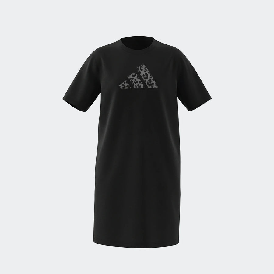 Black Jg Animal t-shirt dress with short sleeves and a gray leopard print Adidas logo on the chest, rendered on a white