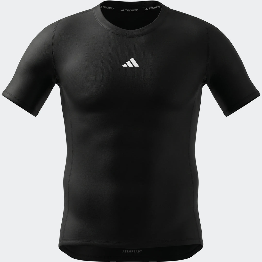 Black men's Adidas Techfit compression short-sleeve football t-shirt, showcasing the white logo and brand details.