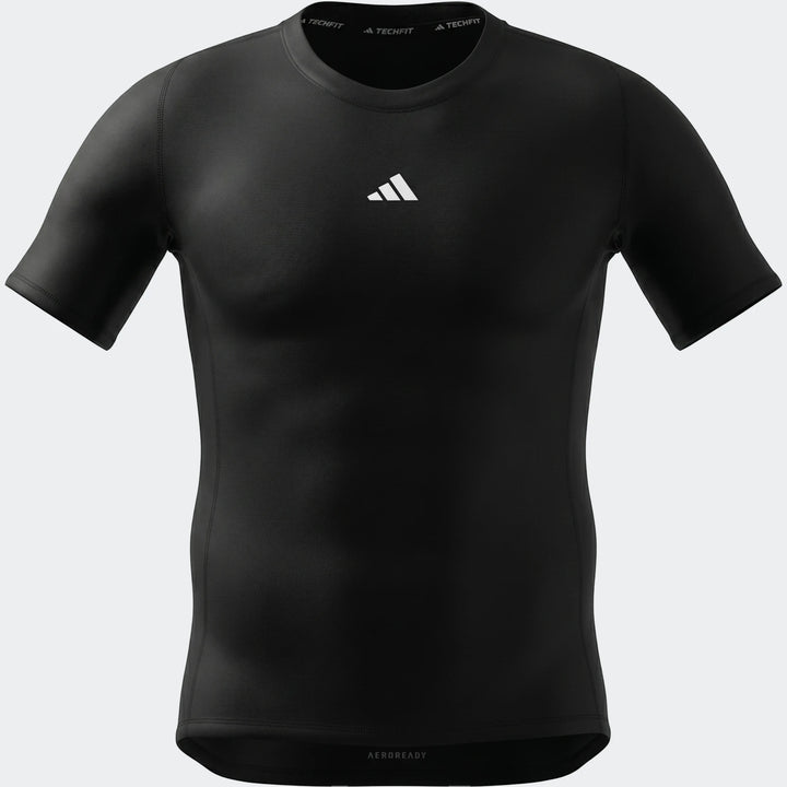 Black men's Adidas Techfit compression short-sleeve football t-shirt, showcasing the white logo and brand details.