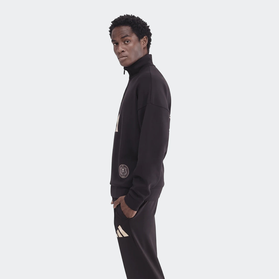 Black Sportswear Open Hem Future Icons 3-Bar Half-Zip Sweatshirt, worn by a male model. Features a high collar, half-zip,