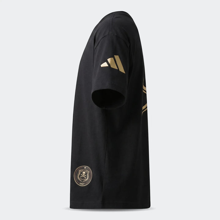 Black Sportswear Open Hem Single Jersey T-Shirt with gold Adidas and Orlando Pirates logos, side view.