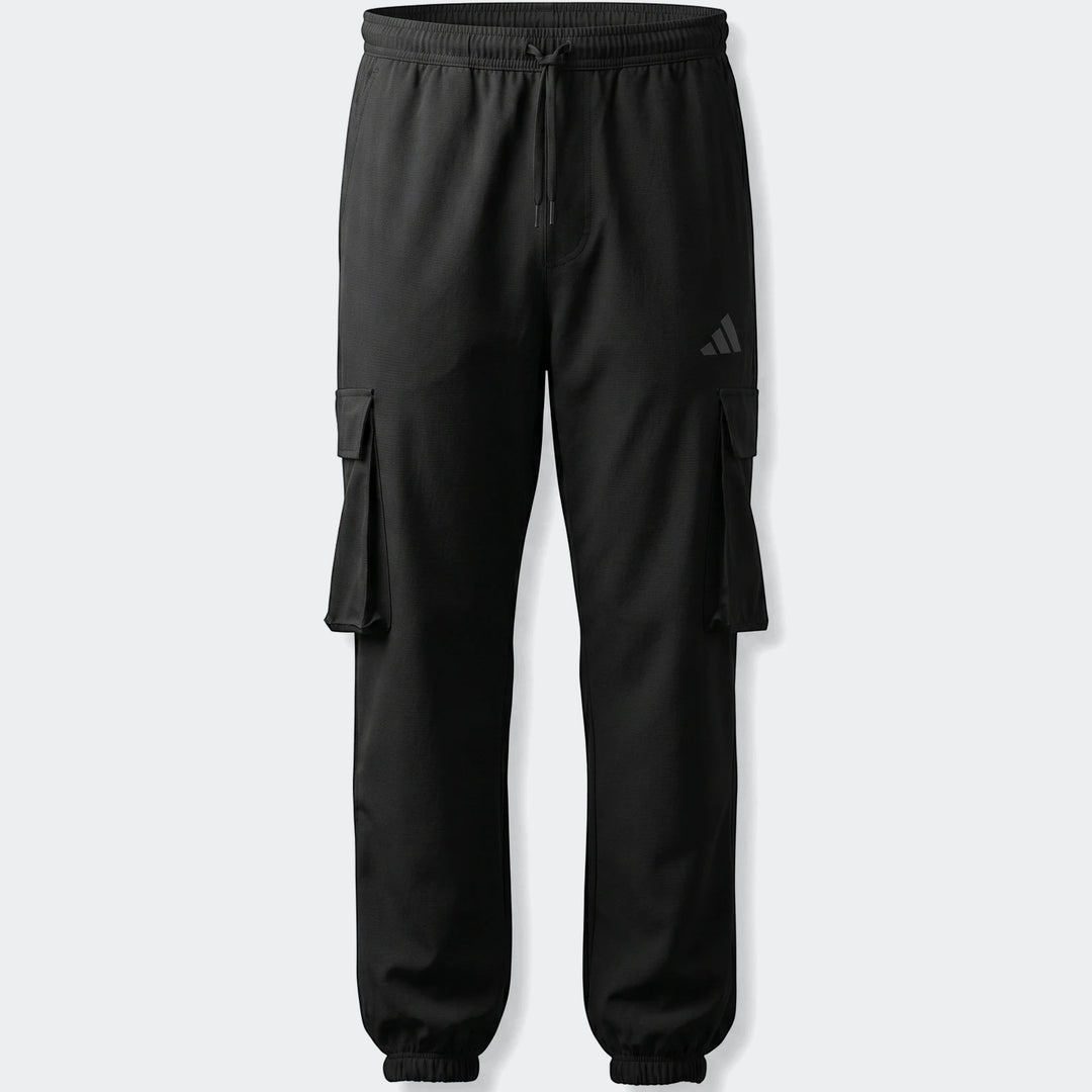Black Utility Woven Pants with cargo pockets and ribbed cuffs, featuring a subtle logo, shown front view.